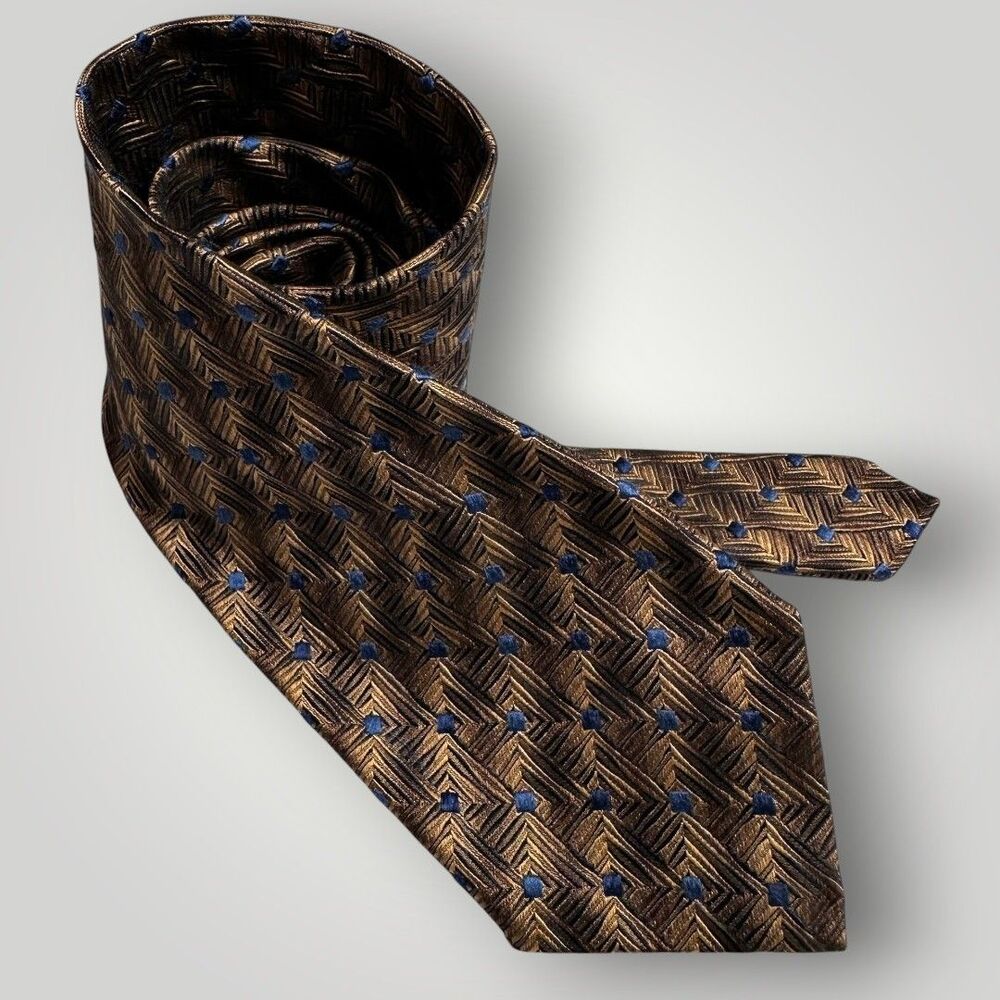 ERMENEGILDO ZEGNA Tie Geometric 100% Silk Tie Necktie Blue/Brown Made in Italy